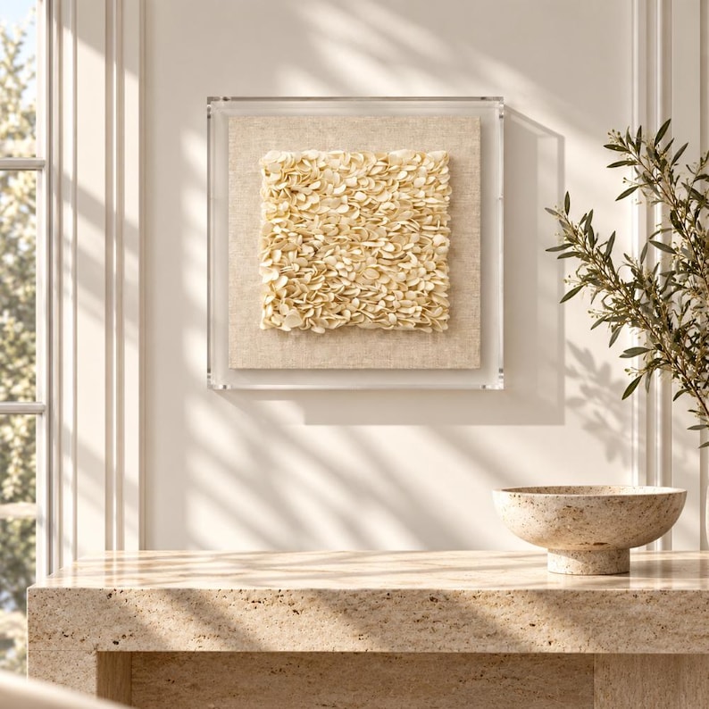 Cream Linen Framed Clay Textured Dimensional Wall Art - Organic Modern 3D Designer Wall Decor image 1