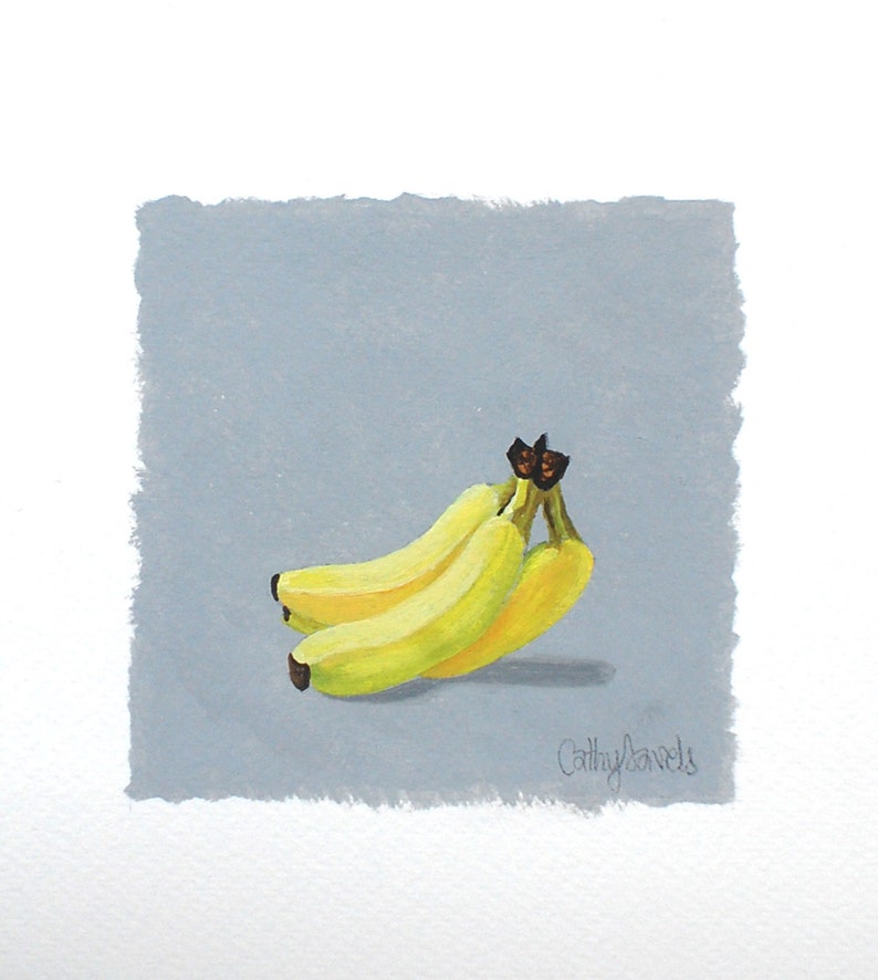 Banana Oil Painting  Small Wall Art Yellow Fruit on Gray image 0
