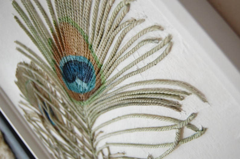 Peacock Feathers Painting Textured String Art Framed Wall Hanging Blue Green Mixed Media Original Modern Art image 3