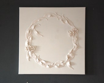 Olive Wreath Art - Wild Olive Leaves, Florida Plant Art 3D, White on White Art, Minimalist Wall Art, Olive Leaf Wreath, Kitchen Wall Art