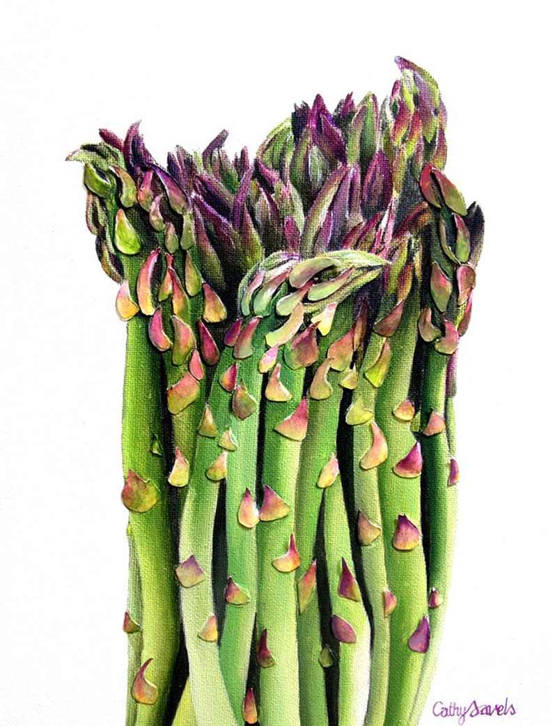 Asparagus Oil Painting 3D Paper Mixed Media Green Vegetable Food Art Kitchen Wall Decor image 1