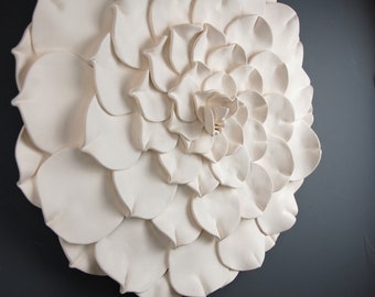 Flower Wall Sculpture - Camellia Flower, White Clay Flower Circle Modern Minimalist Wall Hanging