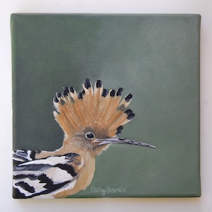 Hoopoe Bird Painting French Garden Wildlife on Green Background Original Acrylic Painting image 10