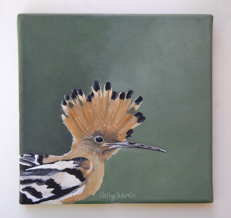 Hoopoe Bird Painting French Garden Wildlife on Green Background Original Acrylic Painting image 10