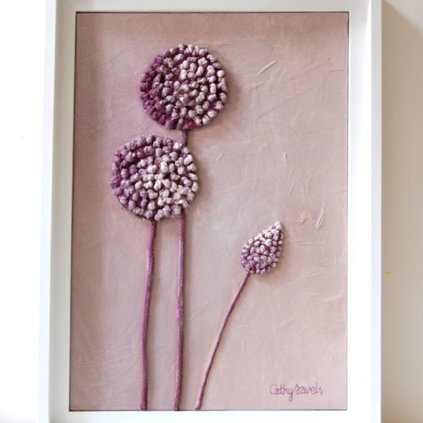 Flower Painting - Lavender Lilac Purple Allium Mixed Media Original Textured Framed Artwork String Art Botanical Painting