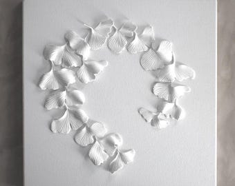 Ginkgo Leaves Wall Sculpture - 3D Ginkgo Biloba Clay Wall Art White on White Decorative Wall Art