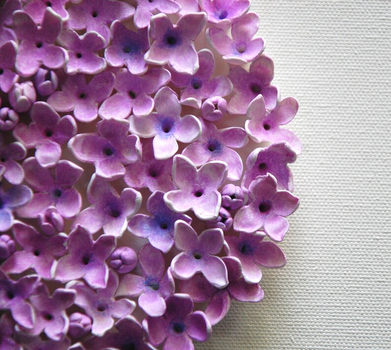 May include: A close-up of a cluster of purple flowers, each with five petals and a small, dark center. The flowers are arranged in a circular pattern, creating a textured and delicate design.