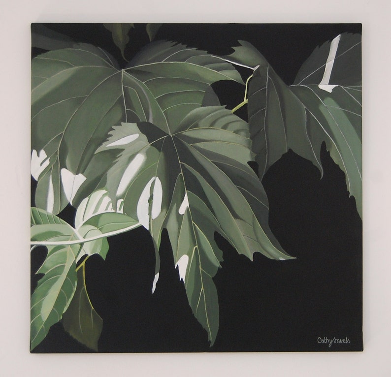 Mulberry Leaves Painting Modern Green Monochromatic Nature Botanical Acrylic Painting on Canvas image 4