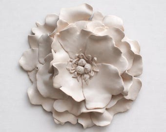Peony Flower Wall Sculpture - Cream Textured Garden Inspired Clay Modern Minimalist Floral Wall Hanging