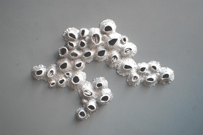 Puede incluir: Una escultura de metal de color plateado que representa un arrecife de coral con muchos agujeros peque&ntilde;os y una superficie texturizada.