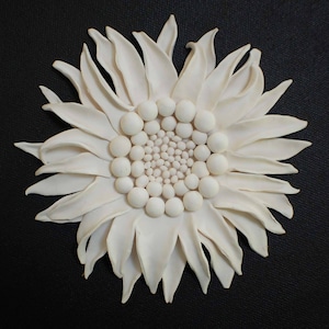 Sunflower Wall Sculpture - Textured Nature Inspired White Clay Flower Circle Modern Minimalist Wall Hanging