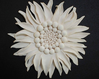 Sunflower Wall Sculpture - Textured Nature Inspired White Clay Flower Circle Modern Minimalist Wall Hanging