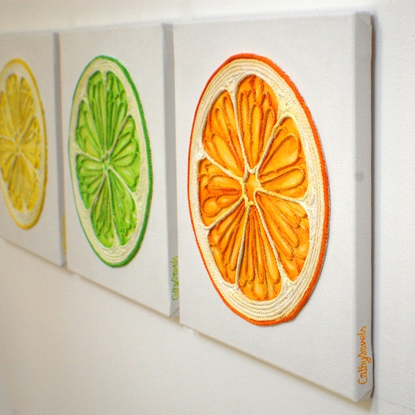 Orange Lime & Lemon Paintings - Galerie Wall 3 Panneau Wall Art Bright Colorful Zesty Fruits String Art Kitchen Apartment Wall Decor