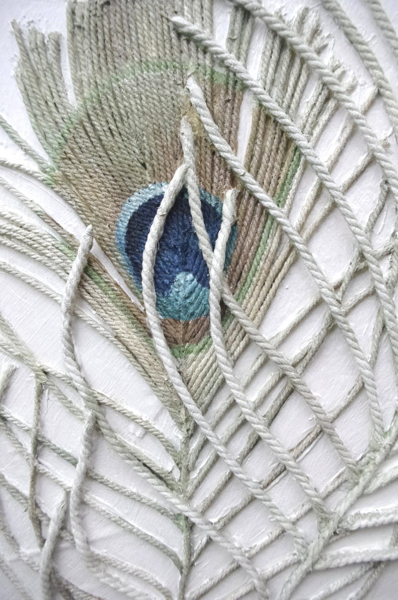 Peacock Feathers Painting Textured String Art Framed Wall Hanging Blue Green Mixed Media Original Modern Art image 5