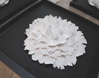 Framed Dimensional Flower Wall Sculpture Designer Decor - Peony White Clay Flower Modern Minimalist 3D Wall Hanging in Black Frame