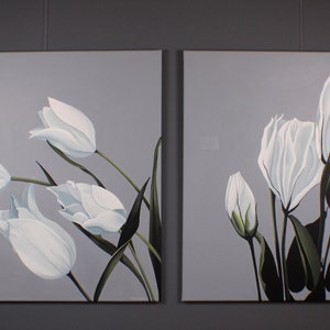 Flower Wall Art Lisianthus Flower Painting White Gray Large Botanical Acrylic Modern Flower Art Classical Floral Dining Room Wall Decor image 6