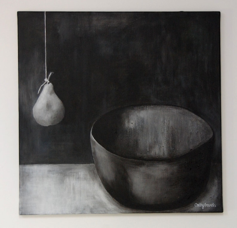 Surreal Pear Still Life Painting in Black & White Minimal Surrealism Unusual Statement Art for Living or Dining Room image 8