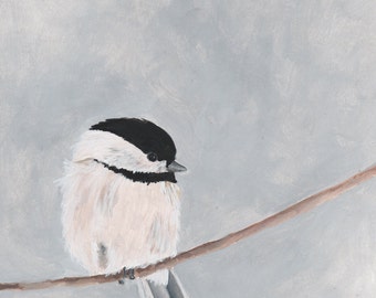 Chickadee Bird Print - Gray and White Neutral Colors - Garden Wildlife Series - 8x10