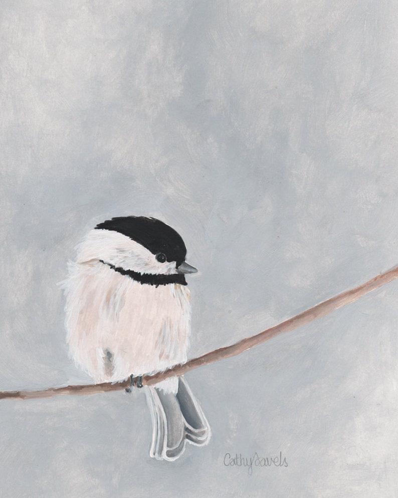 Chickadee Bird Print Gray and White Neutral Colors Garden Wildlife Series 8x10 image 1