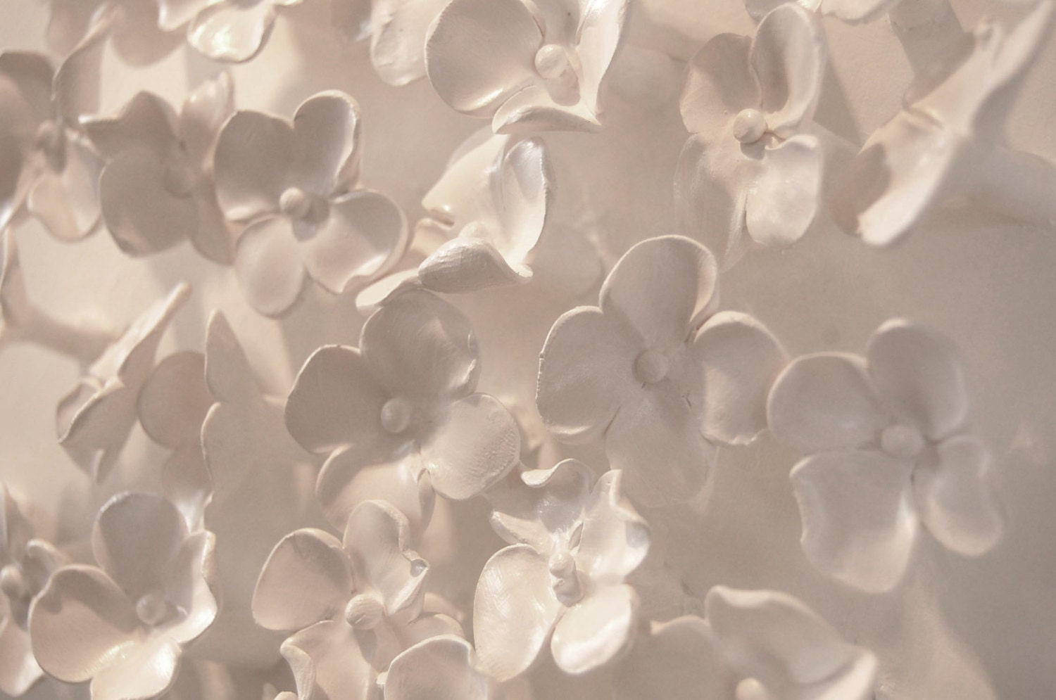 Art Mural 3D - Hydrangea Sculpted Clay White Flowers Modern Wall Sculpture On Interior Design Art