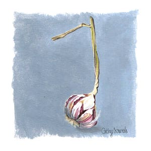 Dipinto ad olio su carta con aglio - Decorazione murale con natura morta in cucina