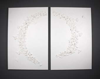 Ginkgo Leaves Diptych Wall Art - 2 Panel Wall Art, 3D Wall Art,  Ginkgo Biloba Leaf White on White Decorative Wall Hanging Ginkgo Wall Art,