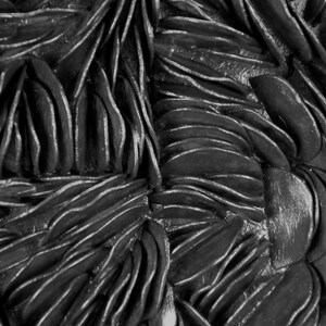 May include: A close-up of a black and gray textured surface with a pattern of overlapping, curved shapes.