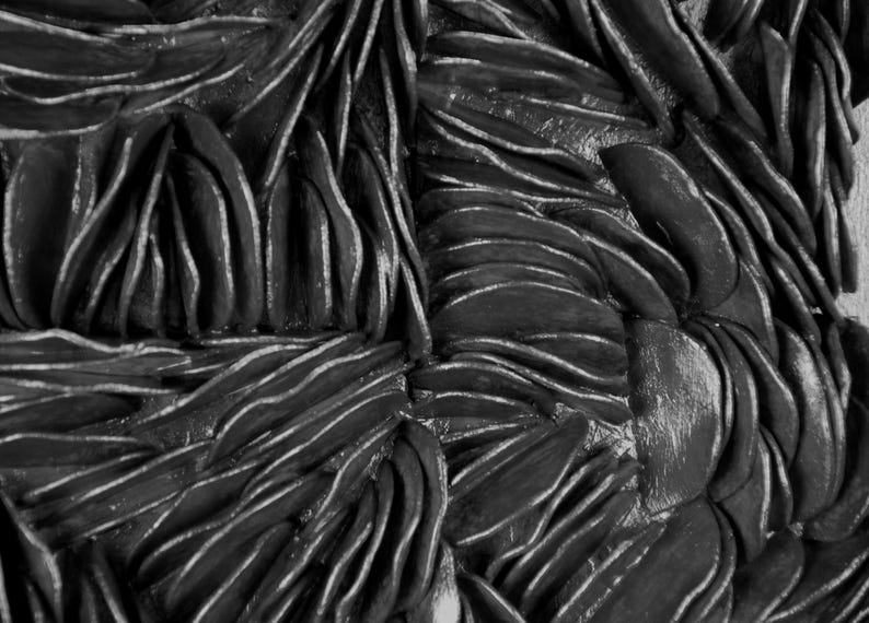 May include: A close-up of a black and gray textured surface with a pattern of overlapping, curved shapes.