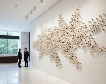 Väggskulptur i metallisk guld och vit kapsel: 3D-installation av modern konst, 60 delar