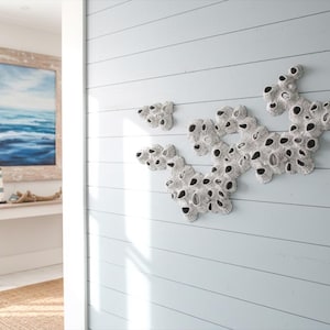 A wall installation made from multiple barnacle-like sculptures is displayed on a light blue wooden slat wall in a bright coastal-themed room. The individual sculptures, each roughly 26x18cm, are white with dark openings, arranged to connect and repeat in various directions, forming a larger organic shape. In the background, a light-filled doorway reveals a glimpse of another room with a framed seascape painting, a white console table, a small lighthouse decoration, and a woven rug.