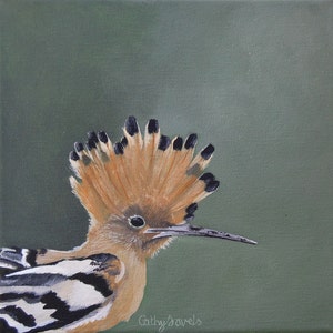 Hoopoe Bird Painting French Garden Wildlife on Green Background Original Acrylic Painting image 1