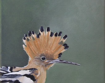 Hoopoe Bird Painting - French Garden Wildlife on Green Background Original Acrylic Painting