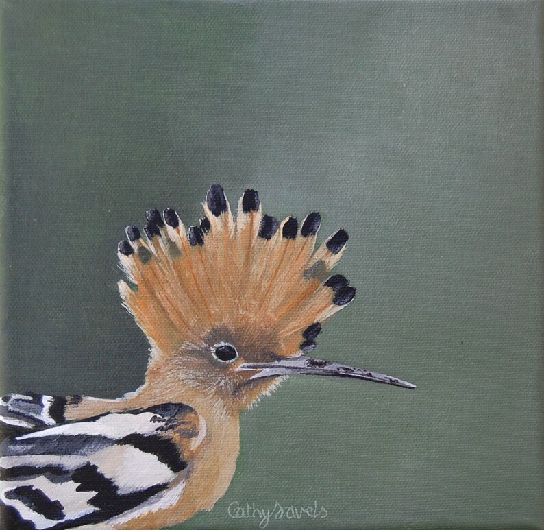 Hoopoe Bird Painting French Garden Wildlife on Green Background Original Acrylic Painting image 1