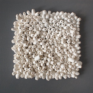 Square Finger Coral Textured Wall Sculpture - White Clay Art Tile Beach House Wall Decor