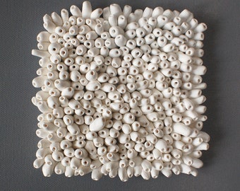 Coral Wall Sculpture - Square Sea Textures Wall Art - Coral Reef White Clay Wall Art Tile Beach House Wall Decoration