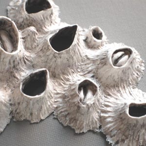 Puede incluir: Una escultura de cer&aacute;mica blanca con una superficie texturizada y m&uacute;ltiples aberturas circulares. La escultura se asemeja a un grupo de vainas o flores.