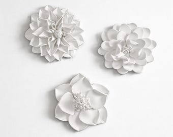 3D White Flower Wall Sculpture 3pc: Minimalist Modern Organic Home Accents Decor Gift