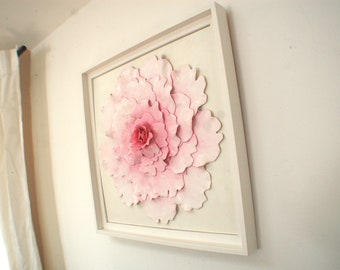 Peony Flower Wall Sculpture - Pink Flower, Clay Flower, Peony Wall Art, Modern Art, Minimalist Wall Art, 3D Wall Hanging, Framed Art