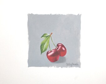 Still Life Oil Painting - Cherry Botanical Oil Small Wall Art on Paper Painting Series Kitchen Picture