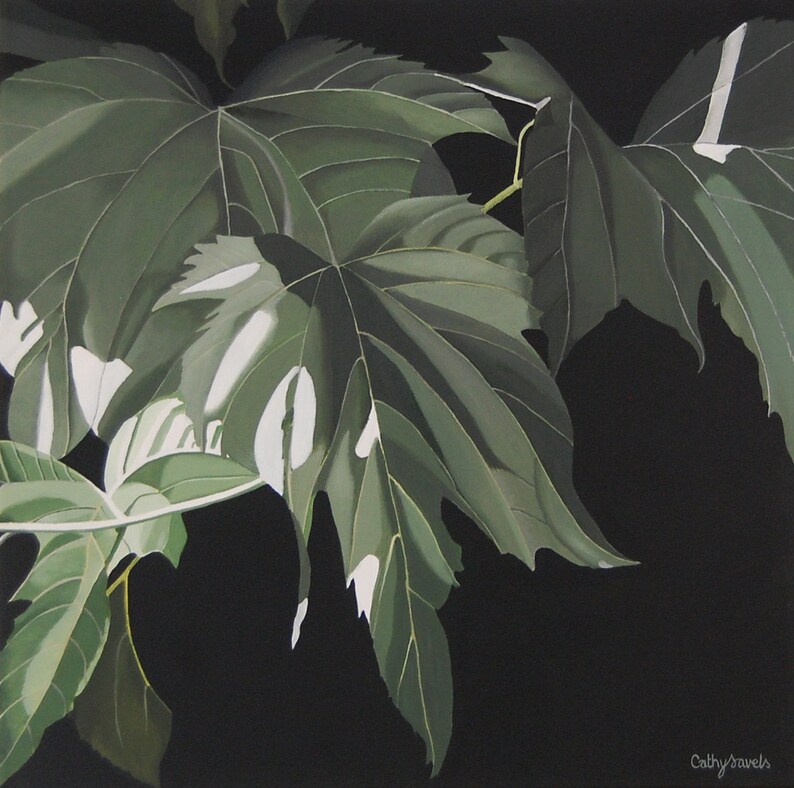 Mulberry Leaves Painting Modern Green Monochromatic Nature Botanical Acrylic Painting on Canvas image 2