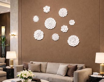 Flower Sculptures 3D Gallery Wall Art Set: White Modern Minimalist Home Decor, 8pc