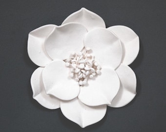 White Clay Dimensional Magnolia Flower Wall Sculpture - Textured Minimalist Floral Art