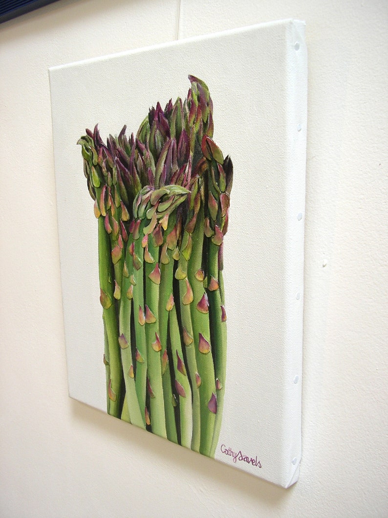 Asparagus Oil Painting 3D Paper Mixed Media Green Vegetable Food Art Kitchen Wall Decor image 4