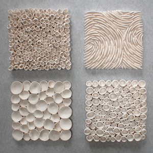 Square Sea Textures Wall Sculptures - Coral Reef White Clay Wall Art Tile Beach House Wall Decoration Set of 4