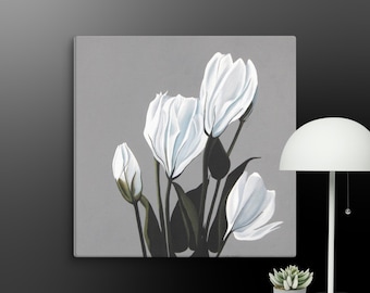 Lisianthus Flower in Gray & White on Deep Canvas Print 40 x 40 cm