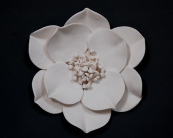 White Magnolia Flower Wall Sculpture - Clay Flower Art Textured Wall Hanging Decor