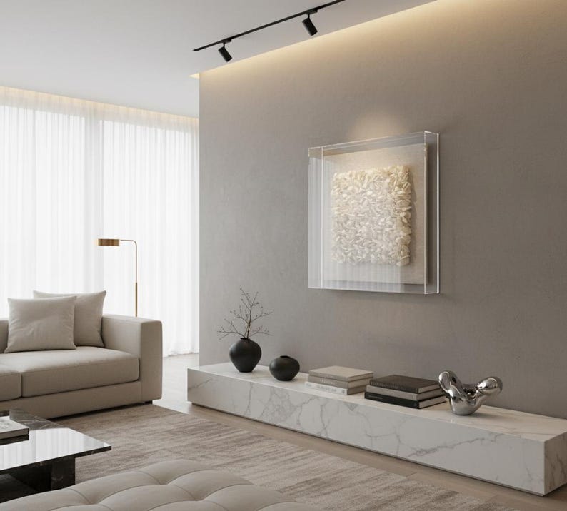 Cream Linen Framed Clay Textured Dimensional Wall Art - Organic Modern 3D Designer Wall Decor image 15
