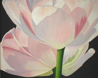 Tulip Painting - Double Pink Tulips Macro Botanical Floral Wall Art Country Home Decor