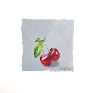 Cherry Still Life Oil Painting on Paper: Small Botanical Kitchen Art Gift
