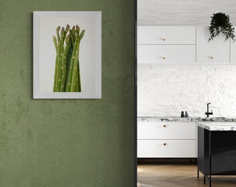 Asparagus Kitchen Wall Art - Dimensional Modern Organic 3D Painting in Green & White, Framed or Unframed